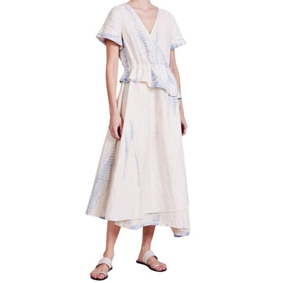 Apiece Apart Cabo Wrap Dress Womens XS Cream Blue V-Neck MidiShort Sleeve Tie